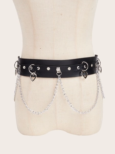 Detail of punk PU leather belt featuring silver chains, heart pendants and metal studs