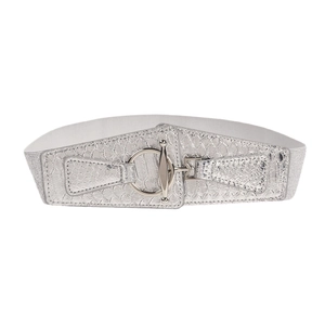 Fashionable silver elastic wide belt with snakeskin pattern and metal interlocking buckle