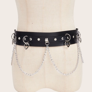 Punk black PU leather belt with silver chains, rivets and heart pendants for dresses