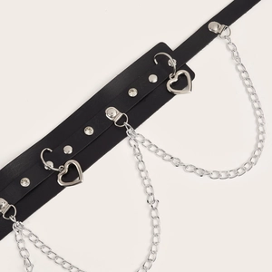 Dark punk black PU leather waist belt with silver chains, heart pendants and rhinestones