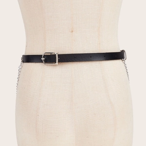 Black punk waist belt with silver chains and buckle on a dress form model