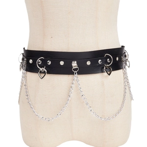 Dark punk leather waist belt with silver chains and heart charms for women