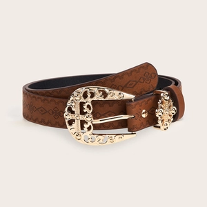 Vintage Artificial Leather Belt For Women Men Embossed Pattern Brown Waistband With Gold Carved Hollow Out Pin Buckle