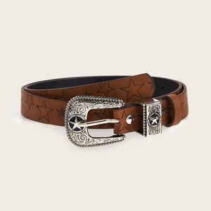 Ceinture en Similicuir Vintage Western Avec Gaufrage Étoile Boucle Ardillon en Alliage Sculpté Sangle Marron Hommes Femmes