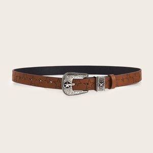 Ceinture en cuir marron avec étoiles embossées et boucle gravée de style western