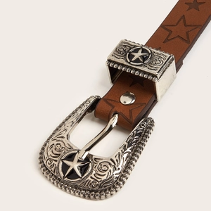 Ceinture vintage en cuir marron avec motifs d'étoiles et boucle en métal sculpté
