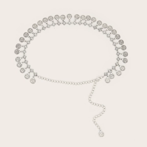 Silver metal waist chain with round coin pendants and adjustable lobster clasp closure