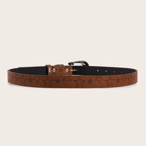 Ceinture en cuir marron avec motifs d'étoiles et boucle métallique vintage gravée style western