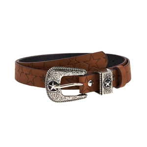 Ceinture en cuir marron avec étoiles embossées et boucle argentée de style western