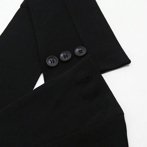 Close-up of black suit jacket sleeves with triple buttons and high-quality stitching
