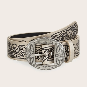 Vintage Bohemian Faux Leather Belt For Women Ethnic Embossed Floral Pattern Jeans Belt With Large Engraved Metal Buckle