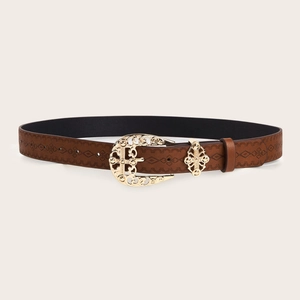 Vintage brown textured leather belt with ornate gold carved buckle and floral embossing