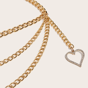 Multi-layer gold metal waist chain belt with a sparkling rhinestone heart pendant charm