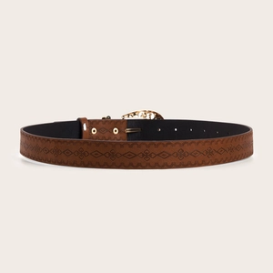 Brown textured leather belt with vintage floral buckle and embossed patterns for men and women