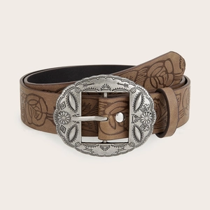 Vintage Y2K brown leather belt with embossed rose pattern and large western silver buckle