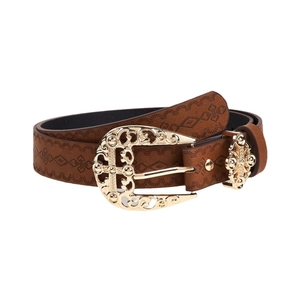 Retro brown textured leather belt with vintage floral pattern and gold carved buckle