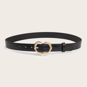 Ceinture noire pour femme avec motif crocodile et boucle dorée en forme de cœur