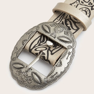 Bohemian vintage Y2K belt with antique silver buckle and golden ethnic pattern