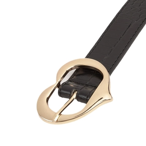 Ceinture noire pour femme effet crocodile avec une boucle dorée en forme de cœur