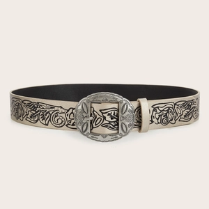 Retro Y2K bohemian wide waist belt for women with floral patterns and ornate oval buckle