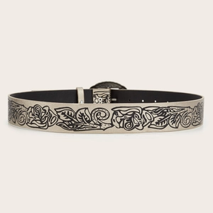 Retro Y2K cream belt with black floral embossing and vintage round metal buckle