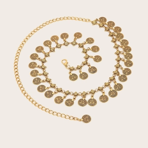 Retro gold metal waist chain with embossed coin pendants and lobster clasp closure