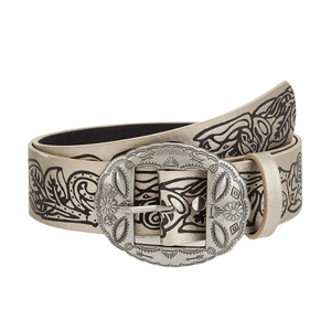 Vintage Y2K western style champagne gold belt with floral patterns and oval metal buckle