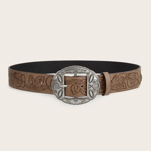American Retro Y2K Women Belt Ethnic Style Faux Leather Rose Embossed Waist Belt With Alloy Carved Buckle Western Bohemian Belt