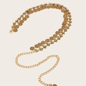 Vintage gold coin waist chain belt with embossed metal pendants and lobster clasp