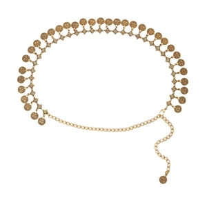 Vintage bohemian gold waist chain with embossed coin pendants and adjustable lobster clasp
