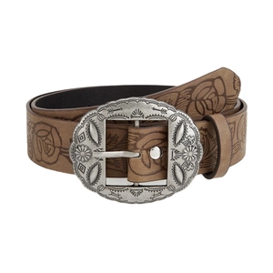 Vintage Y2K western brown leather belt with embossed floral patterns and silver buckle