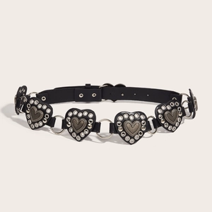 Cintura vintage in pelle PU a forma di cuore con occhielli e anelli di metallo argento