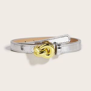 Silver mirror belt for women with elegant gold knot buckle and metallic finish