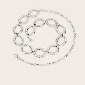 Vintage Silberfarbene Metallgürtelkette mit strukturierten Ringen und Kugelanhänger