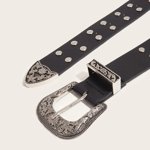 Vintage western leather belt with floral silver buckle and studded punk metal rivets