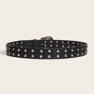 Vintage punk black leather belt with double rows of silver studs and engraved metal buckle