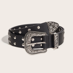 Western style black leather belt with double row silver studs and carved buckle