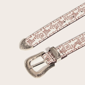 White leather belt with brown butterfly prints and engraved vintage silver buckle