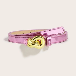 Pink metallic leather belt for women with elegant golden knot-shaped buckle on a pedestal