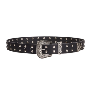 Vintage black leather punk belt with silver metal studs and engraved western buckle