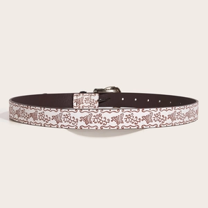 Creamy white butterfly print belt with silver buckle and vintage floral patterns