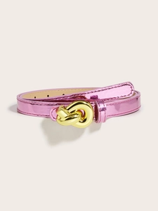 Close-up of metallic pink belt with unique gold knotted buckle and neat stitching