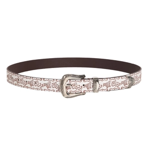 Women's white boho leather belt featuring brown butterfly print and vintage carved buckle