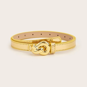 Polished golden metallic skinny belt for women with unique decorative twist knot buckle