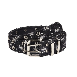 Ceinture en denim noir style punk avec rivets étoiles et boucle à double ardillon