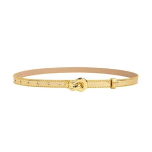 Slim gold belt for women featuring a stylish metal knot buckle and a mirrored finish