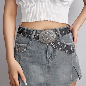 Dames Retro Boho Denim Riem Legering Gegraveerde Gespsluiting Strass Western Cowboy Verouderd Mode Tailleband Voor Jeans