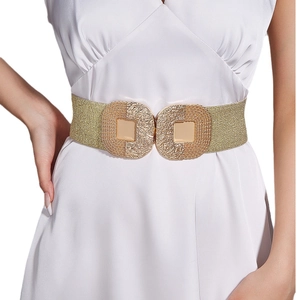Chic gold elastic waist belt with textured square double buckle on white dress