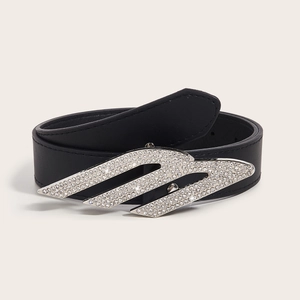 Vintage style black leather belt with a large rhinestone-encrusted silver buckle