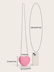 Pink heart-shaped mini crossbody bag with silver chain strap and product dimensions